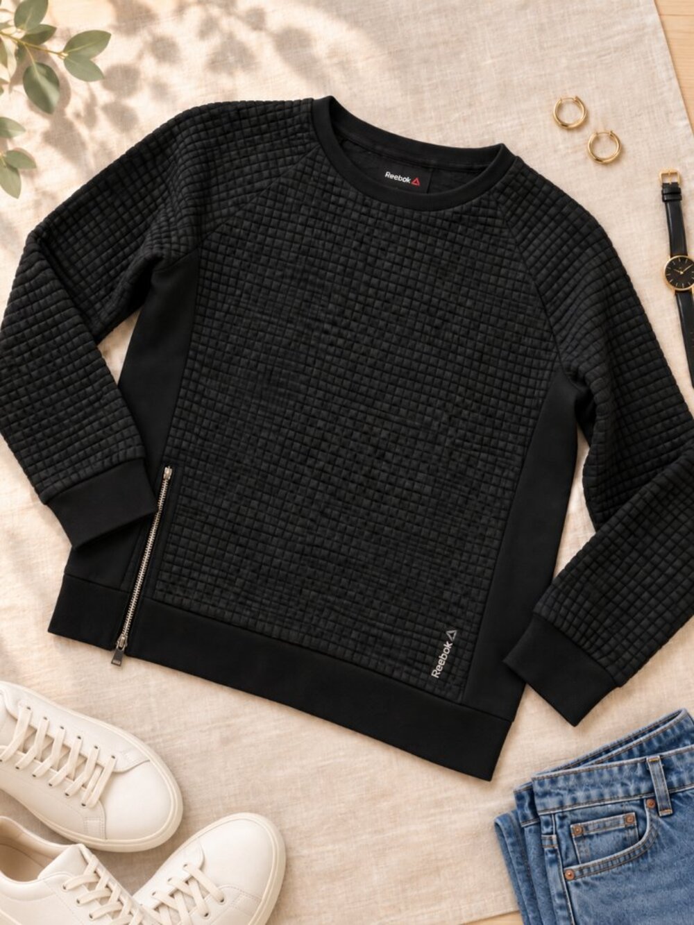 Reebok Large Textured Crewneck Sweater Black Quilted